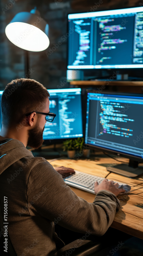 A man sits at a desk, surrounded by multiple computer screens.