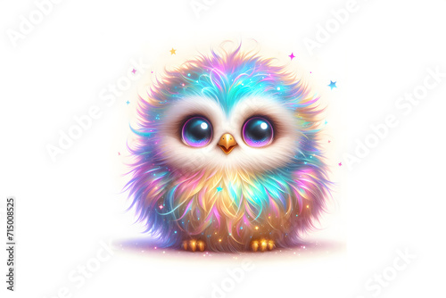 Fluffy animal  owl in futuristic style  cartoon character multicolour illustration. 
