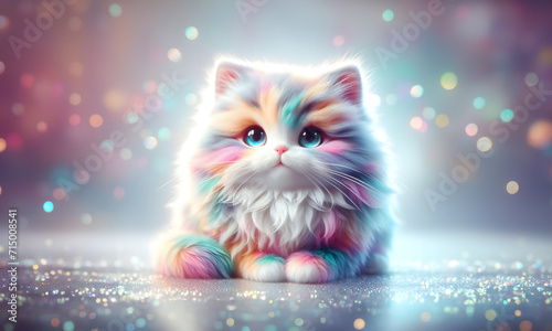 Funny animal, fluffy kitty in futuristic style, cartoon character multicolour illustration. 