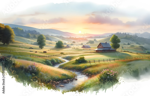 Countryside landscape watercolor painting with hills, sunny valley. Generative AI