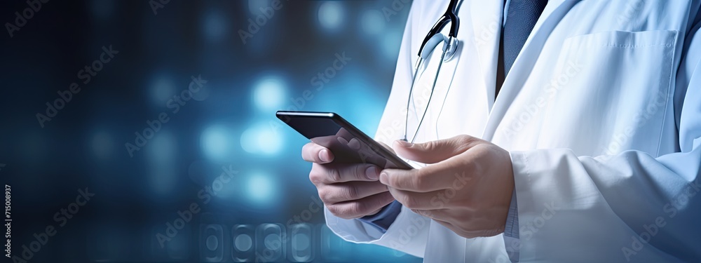 Doctor using smartphone tablet. Smart modern technology in medicine and healthcare concept on blue background Doctor using smartphone tablet. Smart modern technology in medicine and healthcare concept on blue background