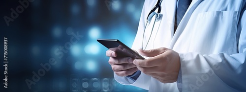 Doctor using smartphone tablet. Smart modern technology in medicine and healthcare concept on blue background