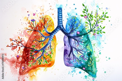Colorful Lungs with Branches and Flowers Generative AI photo