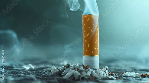 A single cigarette butt on a grey background Generative AI
