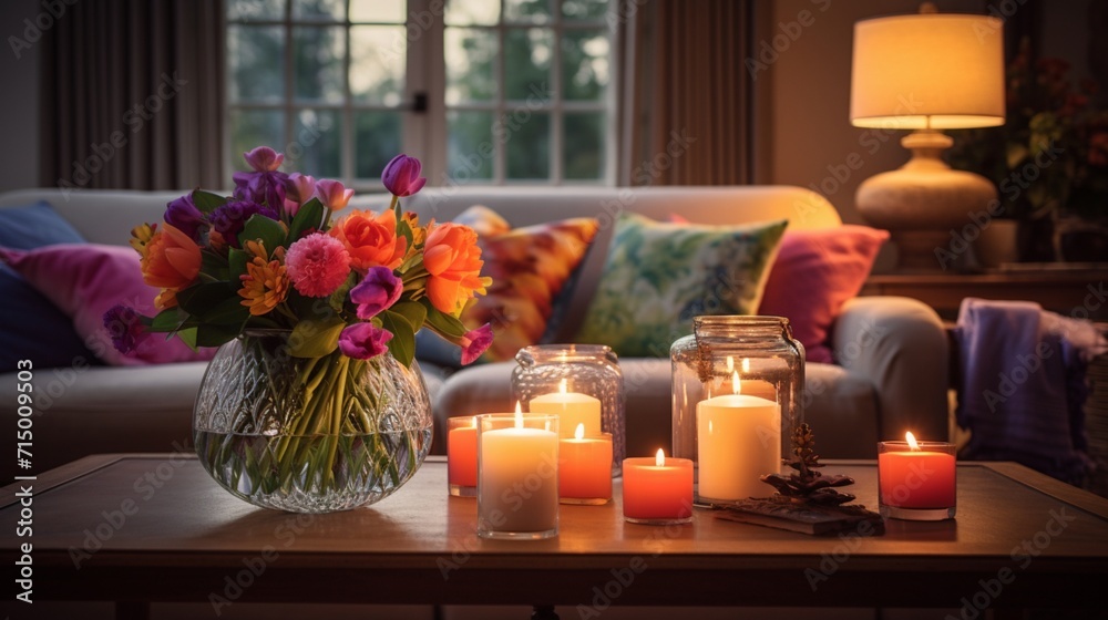 A cozy living room adorned with flickering candles and vases of vibrant flowers, enhancing the space with warmth and color - Generative AI A cozy living room adorned with flickering candles and vases of vibrant flowers, enhancing the space with warmth and color - Generative AI