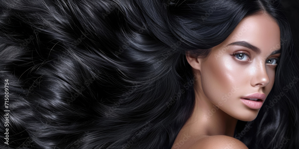 Banner for a hair salon featuring glossy, wavy, beautiful black hair on a young woman with long, healthy hair. Banner for a hair salon featuring glossy, wavy, beautiful black hair on a young woman with long, healthy hair.