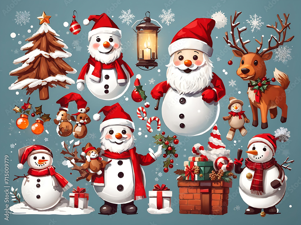 Christmas collection of seasonal elements with Santa and snowman, hand-drawn items, and vector designs.