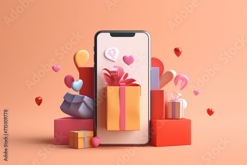 Mobile app banner featuring online purchasing in a delivery service ecommerce loyalty program; white smartphone displays colorful gift bags on a beige background. Generative AI
