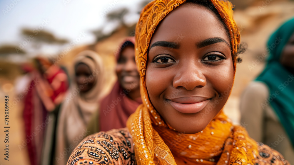 Joyful African woman with headscarf in community gathering smiling and taking a selfie