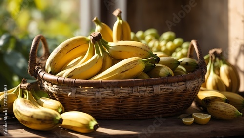a basket of ripe bananas sitting on a wooden table. The bananas are yellow with some brown spots and have green stems. The basket is made of wicker and is brown.