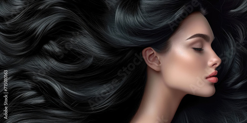 Banner for a hair salon featuring glossy, wavy, beautiful black hair on a young woman with long, healthy hair.