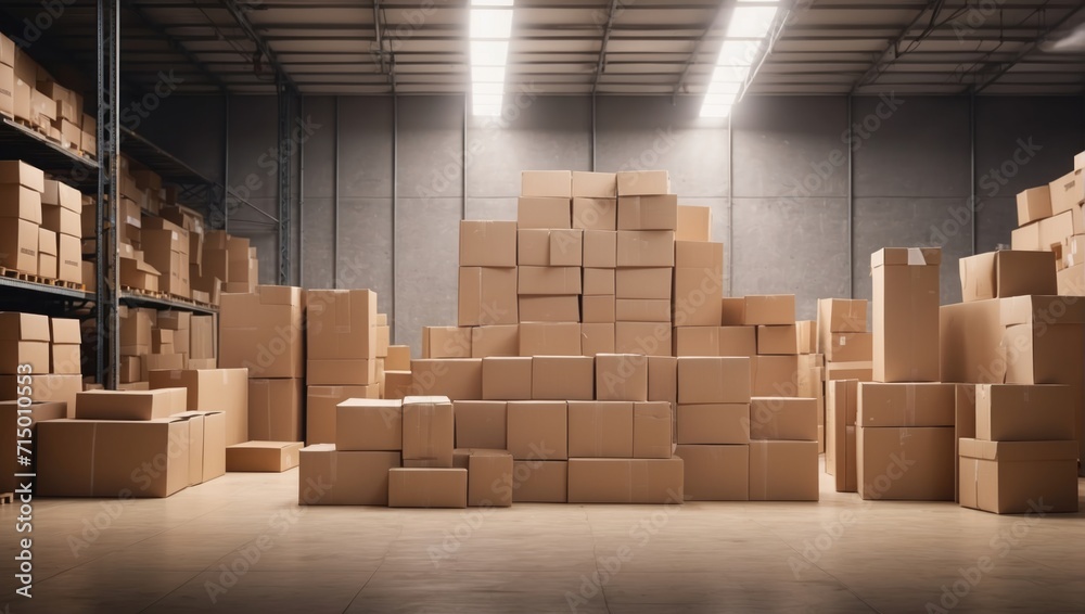 Large warehouse with rows of cardboard boxes Large warehouse with rows of cardboard boxes