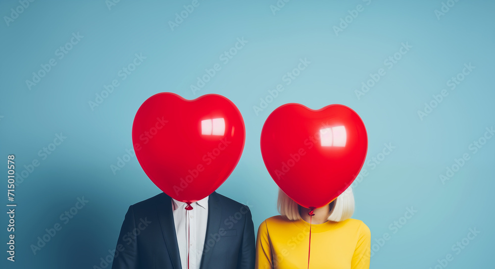 Couple with Red Heart Balloons Covering Faces Couple with Red Heart Balloons Covering Faces