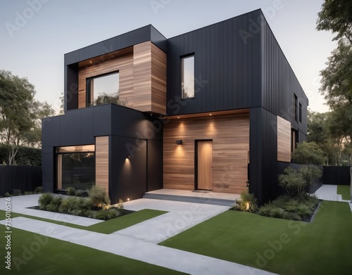 Modern luxury minimalist cubic house, villa with wooden cladding and black panel walls and landscaping design front yard. Residential architecture exterior. 