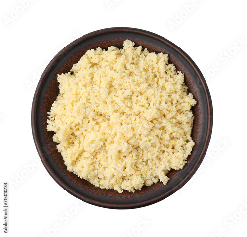 Tasty couscous in bowl isolated on white, top view