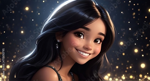 Behold a stunning Gougers cartoon girl with flowing black hair, and a captivating smile, set against a black-glittered backdrop, a Closeup image of a gougers cartoon girl