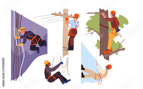 Industrial climbers at work set vector illustration. Cartoon isolated construction workers climbing at building wall, professional technician hanging high, arborist cutting tree with chainsaw