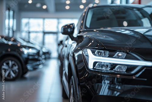 Premium black SUVs in modern dealership showroom with huge windows © colnihko