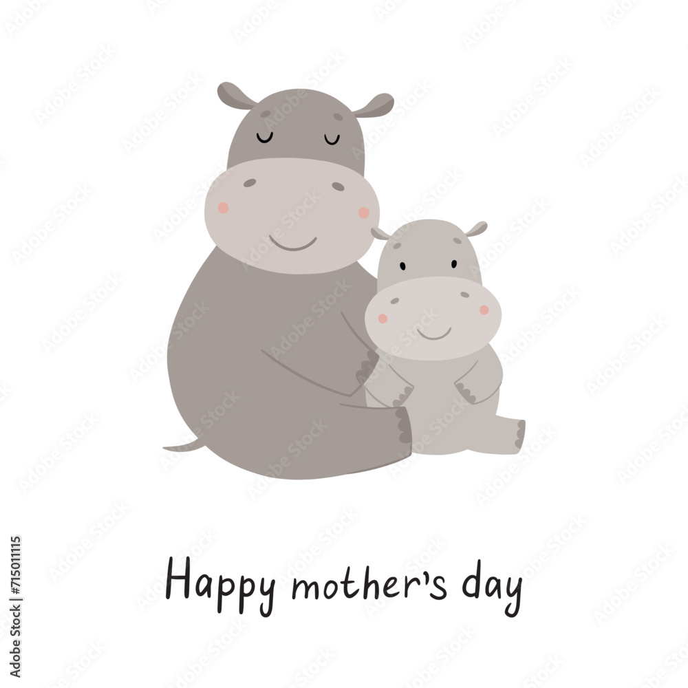 Cute cartoon hippos hugging. Hand drawn children's poster. Animals mother and baby. Vector illustration in flat style Cute cartoon hippos hugging. Hand drawn children's poster. Animals mother and baby. Vector illustration in flat style