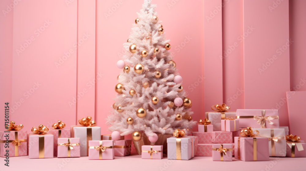 White Christmas tree decorated with pink, gold ornaments stands amidst sea of identical gift boxes on pink background, conveying festive essence of holiday season. New Year's greeting card. Banner
