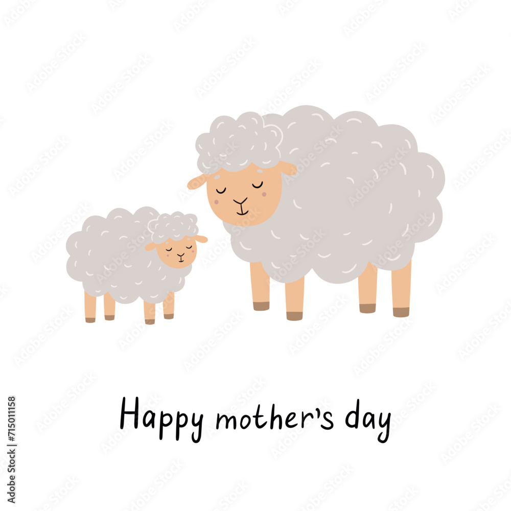 Obraz premium Cute cartoon sheep. Hand drawn children's poster. Animals mother and baby. Vector illustration in flat style