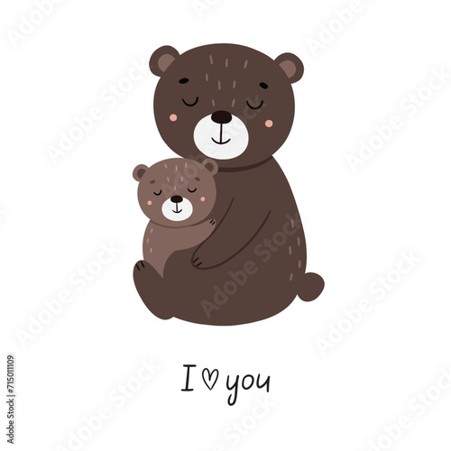 Cute cartoon bears hugging. Hand drawn children's poster. Animals mother and baby. Vector illustration in flat style