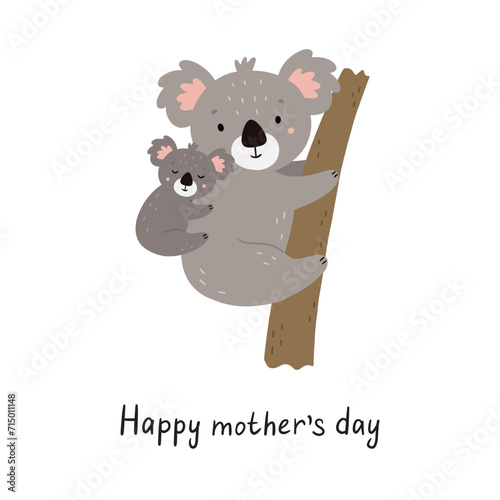 Cute cartoon koalas on a tree. Hand drawn children's poster. Animals mother and baby. Vector illustration in flat style © Victoria Guzeeva