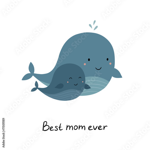 Cartoon whale mom and baby. Cute animals are swimming. Hand drawn children's poster. Vector illustration © Victoria Guzeeva