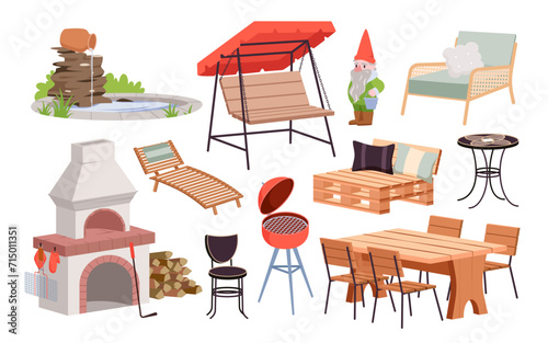 Garden furniture and barbecue equipment set vector illustration. Cartoon isolated outdoor loft wooden chair and hanging couch swing with cushion and canopy, gnome and fireplace, terrace table © Natalia