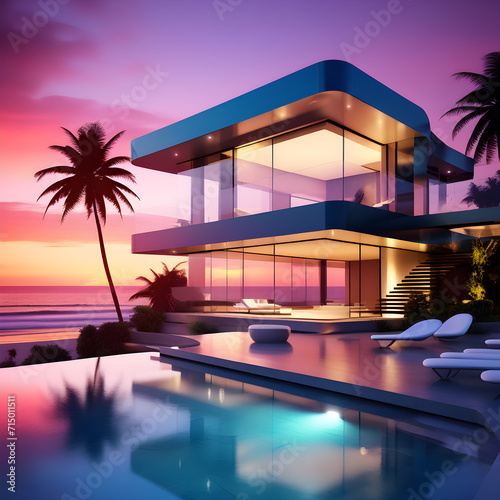 Futuristic Modern House with vibrant sky color ideas 