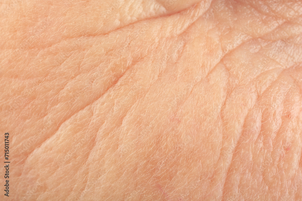Texture of human skin with wrinkles as background, macro view