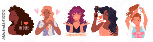 Stickers of curly girl method set vector illustration. Cartoon isolated motivation patches collection with cute female characters smile, love and care wavy and curly strands and inspirational text