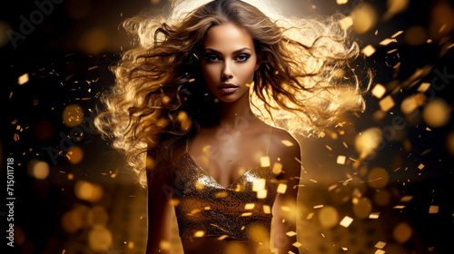 Fashion woman with beautiful makeup, in gold glittering dress on golden background. Beautiful woman with flowing hair. Prestigious, luxury and elegance atmosphere.