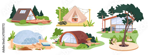 Glamping set vector illustration. Cartoon isolated luxury camping tent and wooden and glass tipi in summer nature, bubble house in forest, resort with glamour comfort for weekend and adventure