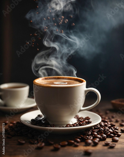 cup of coffie with cinnamon and star anise on wooden background
