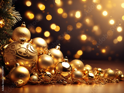 Christmas golden decoration with glowing lights and baubles designs.