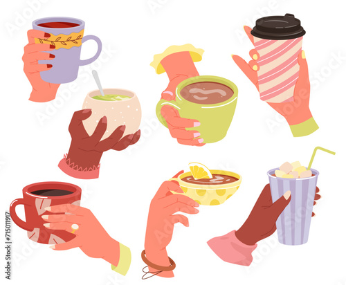 Hands hold coffee or tea cup set, people with cafe take away hot drink vector illustration. Cartoon hand holding mug of warm beverage, morning espresso or chocolate with marshmallow isolated on white