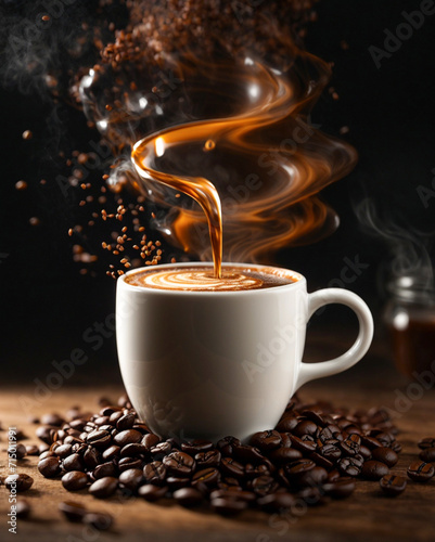 Fototapeta Naklejka Na Ścianę i Meble -  cup of coffie with cinnamon and star anise on wooden background