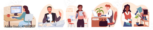 Employees with disability working in office set vector illustration. Cartoon isolated scenes with man and woman with prosthetic arms at workplace, accessibility of work for person with special needs