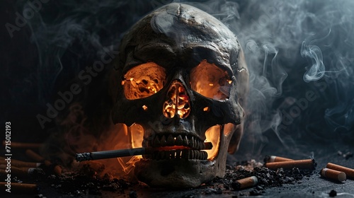 A close-up of a skull with a lit cigarette in its mouth Generative AI