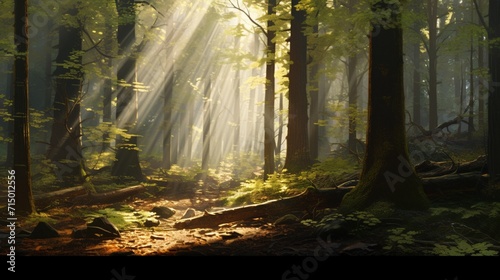 A dense, sunlit forest, the interplay of light and shadow creating a captivating visual spectacle, highlighting the elegance of nature's design - Generative AI