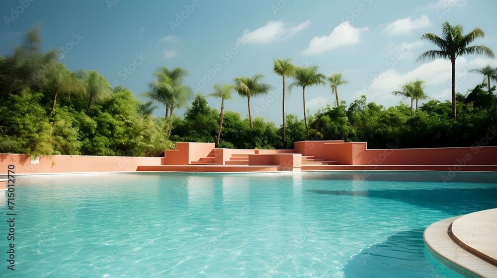 Modern pool design, tropical setting, clear water, luxury, summer, architecture, stylish, leisure, palm trees, tranquil, serene, resort