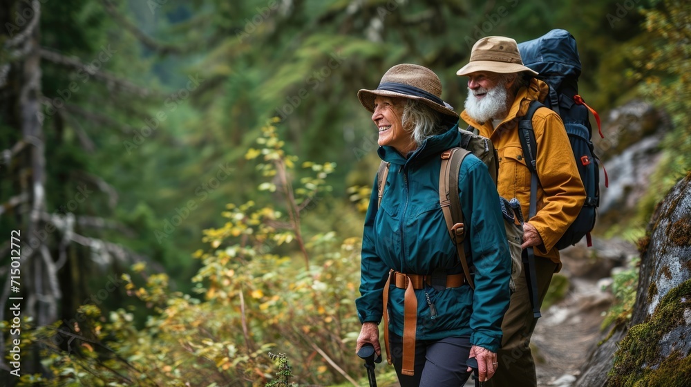 Senior couple hiking in lush green forest Senior couple hiking in lush green forest