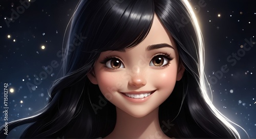 a stunning Gougers cartoon girl with flowing black hair, a captivating smile, set against a black-glittered backdrop, Close up of a Beautiful cartoon girl photo