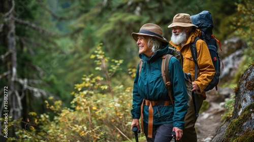 Senior couple hiking in lush green forest