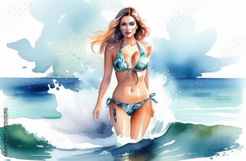 seductive woman in swimwear. sexy caucasian female in bikini in ocean waves  watercolor illustration