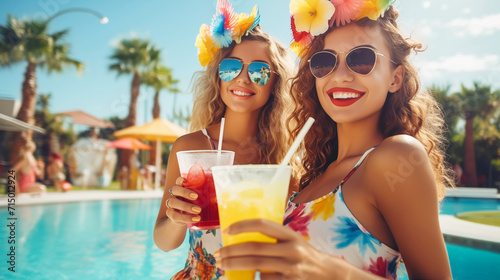 Joyful female Friends enjoying summer vibes with refreshing Tropical drinks by pool Party