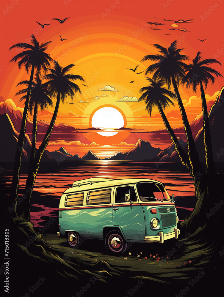 T-shirt design, a retro evocation featuring a camper van, nostalgically juxtaposed against a vintage sunset created with Generative Ai