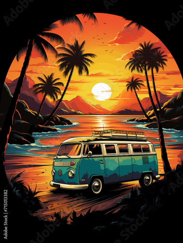T-shirt design  a retro evocation featuring a camper van  nostalgically juxtaposed against a vintage sunset created with Generative Ai