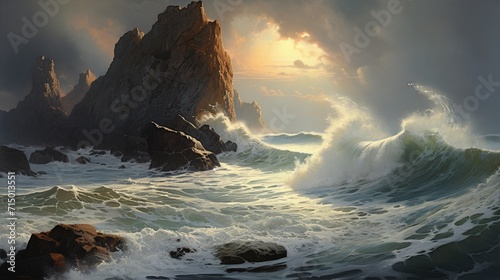 A dramatic coastline with towering cliffs, waves crashing against rugged rocks, illustrating the fierce and awe-inspiring power of the ocean - Generative AI